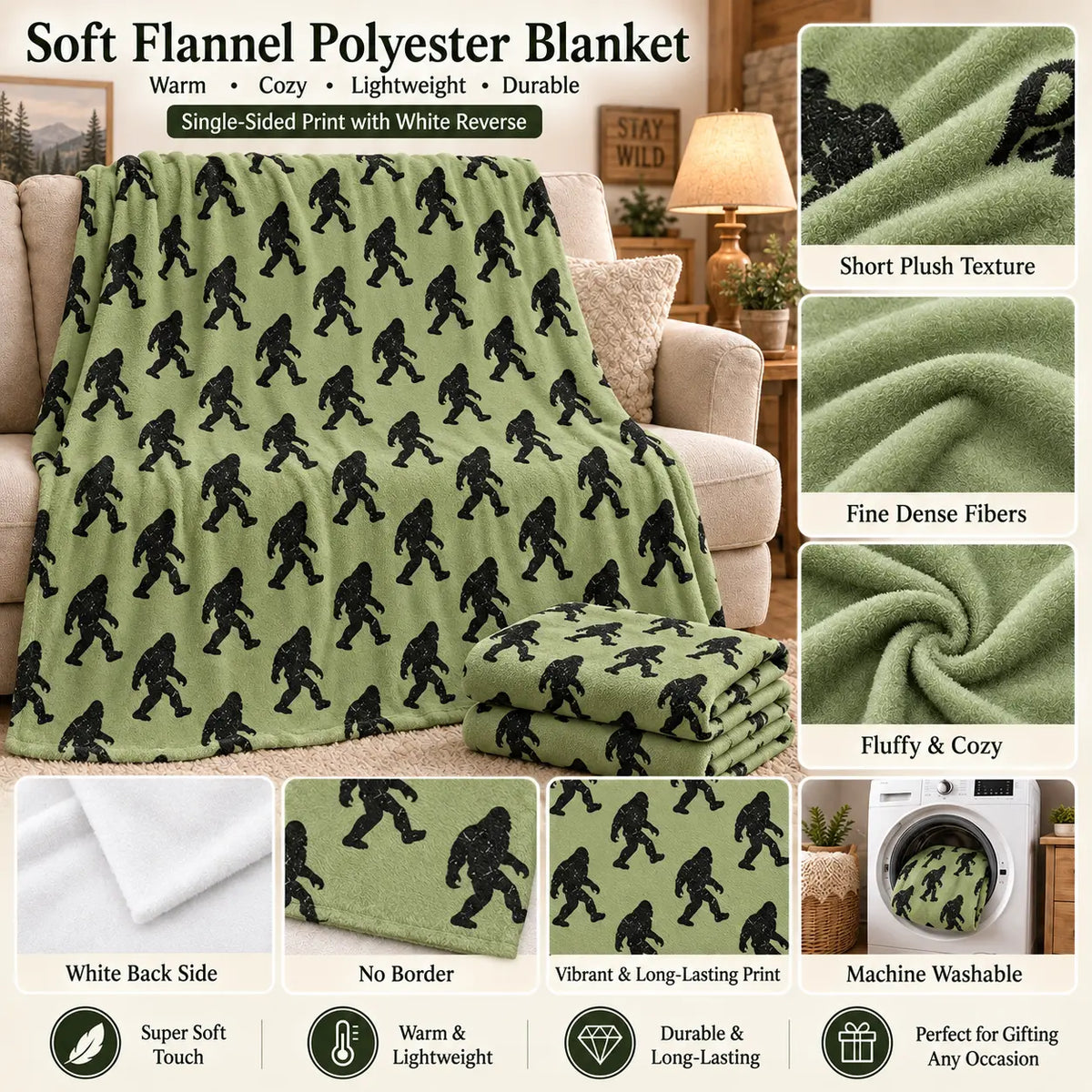 Funny Big Foot Sasquatch Gifts Blanket, Bigfoot Blanket for Men Women, Funny Birthday Unique Sasquatch Gifts, Vintage Flannel Throws Blanket for Bed Sofa Car, Gift for Him, Printed on One Side, Cozy Throw Blankets,Halloween Christmas Gift - View 5
