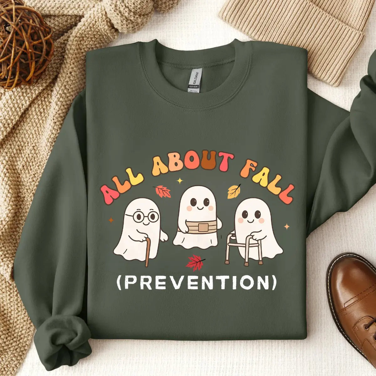 All About Fall Prevention Ghost Sweatshirt or T-Shirt, Cute Halloween Nursing Sweater, Funny Ghost Fall Safety Shirt, Autumn Occupational Therapy Gift