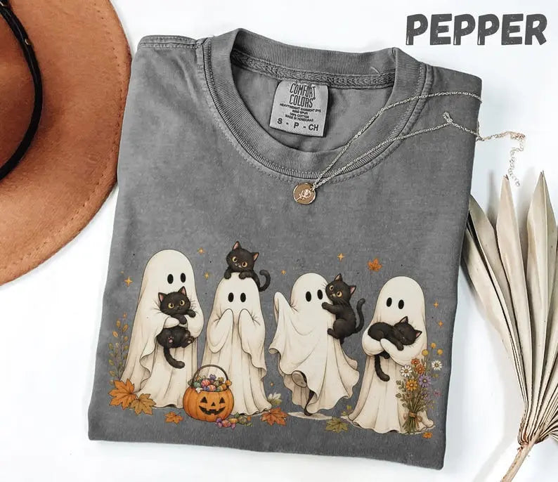 Comfort Colors Women's Ghost Cat Halloween T-Shirt - Cozy Spooky Season Graphic Tee