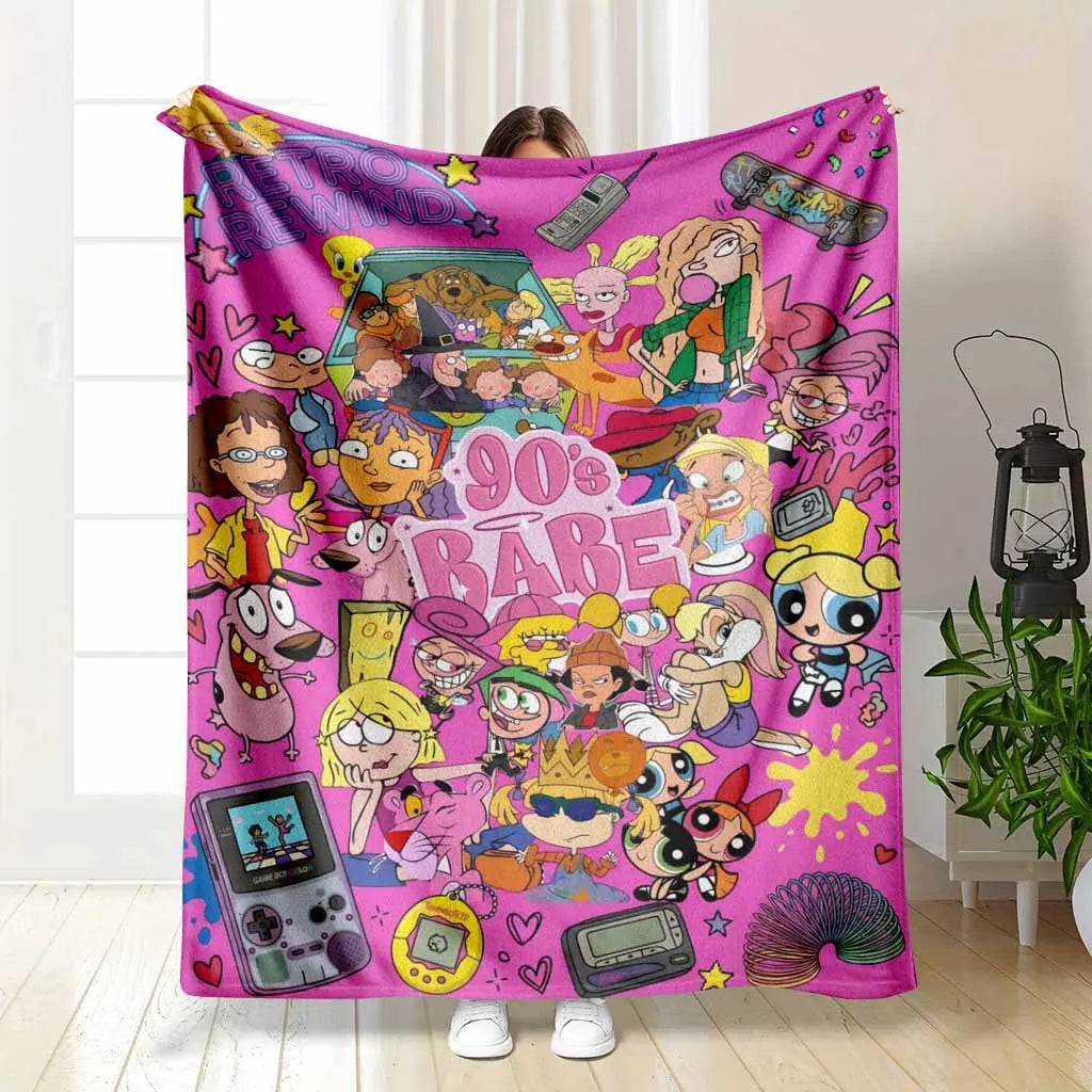 90s Nostalgic Cartoon Collage Flannel Fleece Blanket - Iconic Retro Pop Culture Characters Print, Breathable Soft Comfy Cozy Throw, Decorative Sofa Blanket for Living Room, Travel Gifts, Breathable Soft Blanket - View 1