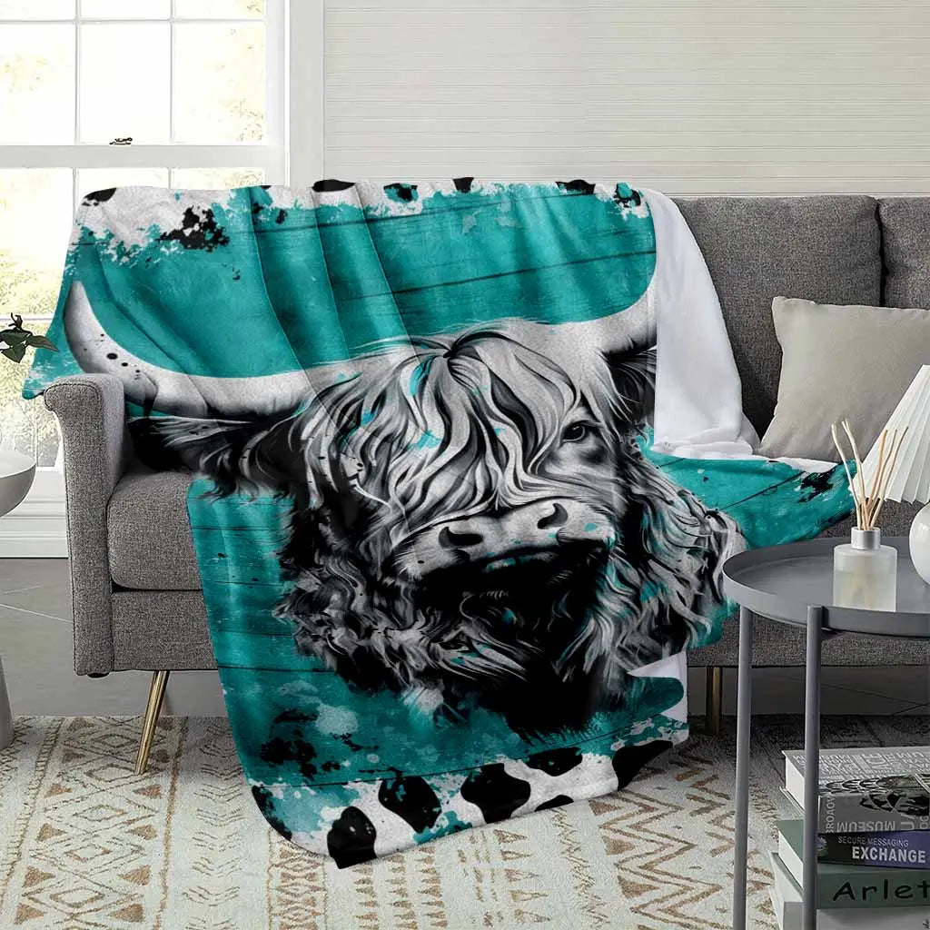Highland Cow Flannel Blanket - Turquoise Abstract Animal Print, Soft Warm Lightweight, Wrinkle Resistant, Anti-Pilling, Color Stays Vivid Longer, Cozy Throw for Living Room Decor, Bedroom Sofa, Home Gift & Cozy Setup, Indoor/Outdoor - View 3