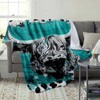 Highland Cow Flannel Blanket - Turquoise Abstract Animal Print, Soft Warm Lightweight, Wrinkle Resistant, Anti-Pilling, Color Stays Vivid Longer, Cozy Throw for Living Room Decor, Bedroom Sofa, Home Gift & Cozy Setup, Indoor/Outdoor - View 3