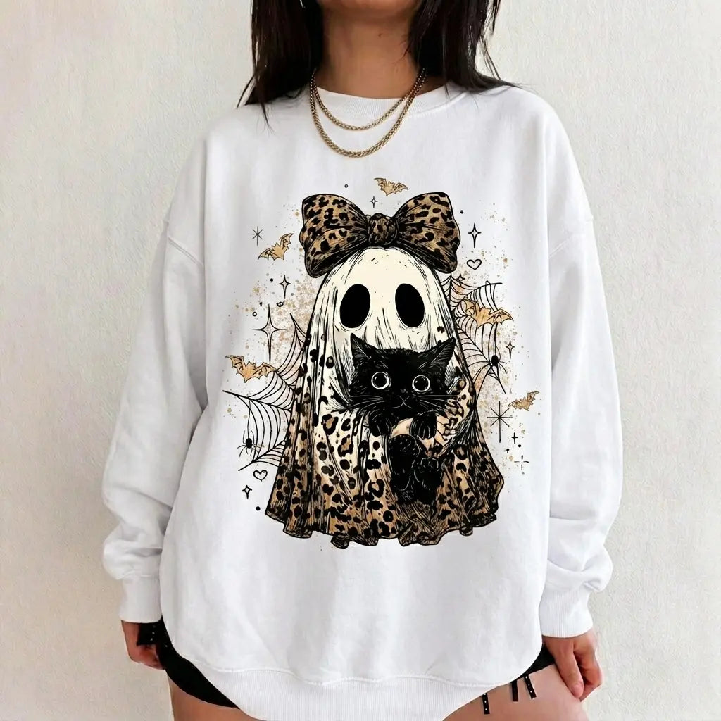 Leopard Ghost Cat Halloween Sweatshirt, Cute Spooky Black Cat Graphic Shirt, Coquette Bow Ghost Fall Outfit