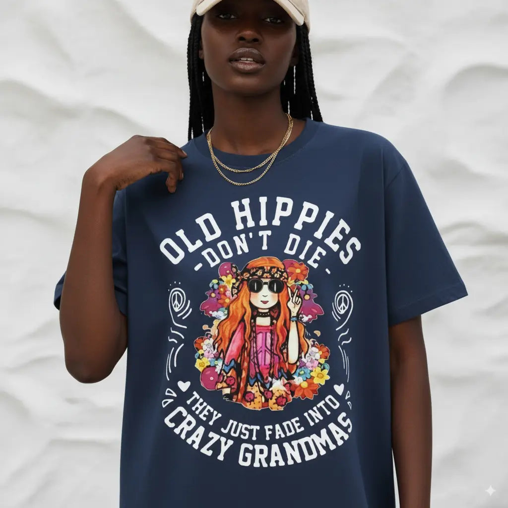 Hippie Graphic T-Shirt for Women in 100% Cotton, Casual Top with Floral Print, Peace Sign and 'Old Hippies Are Not Dead' Slogan, Women's Clothes, Alternative Style, Easy Tee For Daily Wear, Unisex Classic Fit