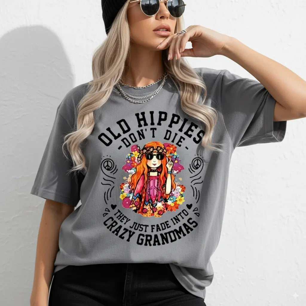 Hippie Graphic T-Shirt for Women in 100% Cotton, Casual Top with Floral Print, Peace Sign and 'Old Hippies Are Not Dead' Slogan, Women's Clothes, Alternative Style, Easy Tee For Daily Wear, Unisex Classic Fit