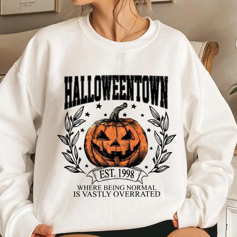 Halloweentown University Shirt - Sweatshirt - Hoodie, Halloween Town Est 1998 Sweatshirt, Fall Sweatshirt, Vintage Pumpkin Shirt, Women Halloween Sweatshirt, Spooky Season, Halloween Gift, Full Color, For Men, For Women, Casual, Classic Fashion, Tee Print