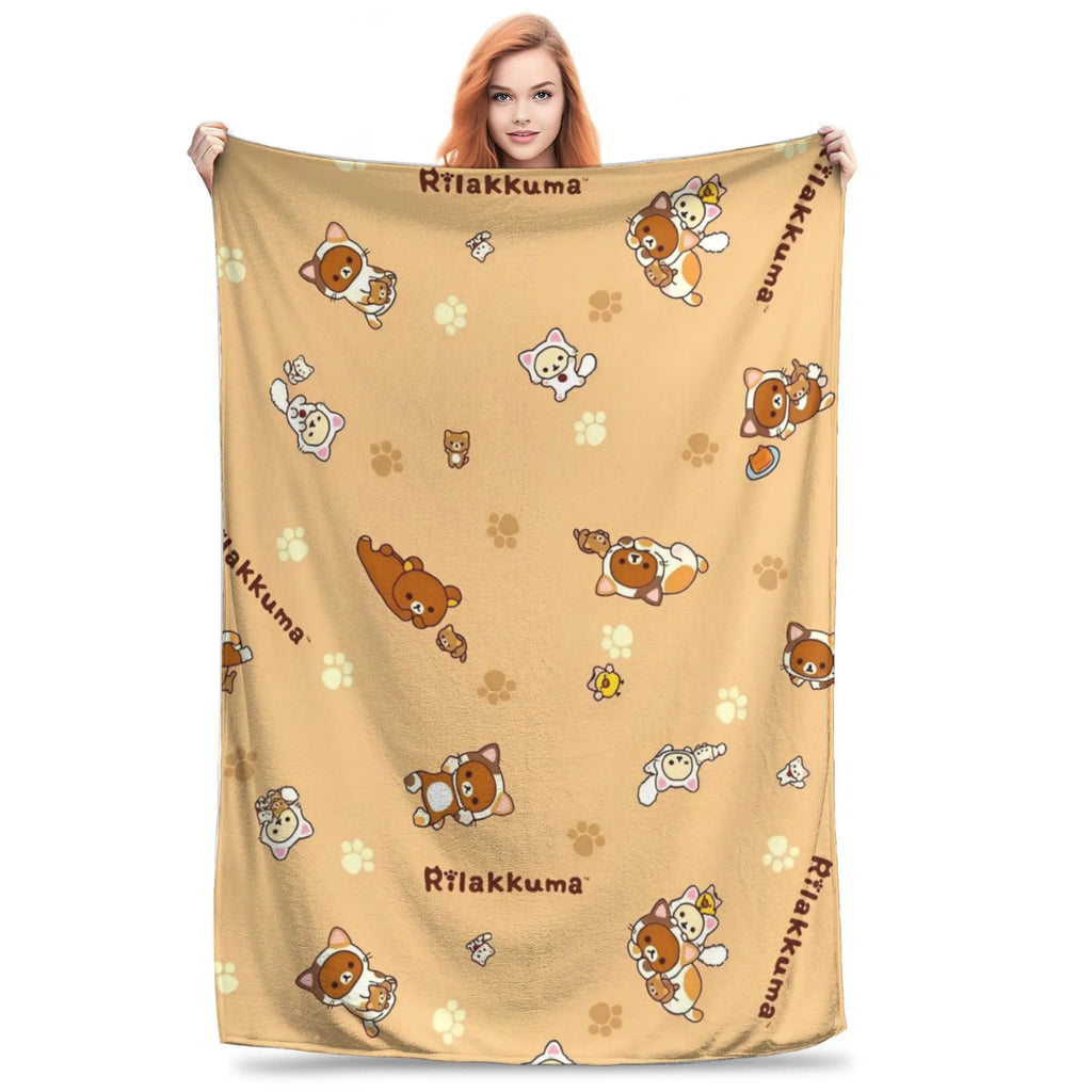 Kawaii Rilakkuma Knitted Flannel Throw Blanket - Figure Print Bed Accessories, Cutecore Stuff, Cozy Girly Room Stuff, Teen Room Decor, Soft Warm Summer AC Use, Home Goods Gift for Girls - View 11
