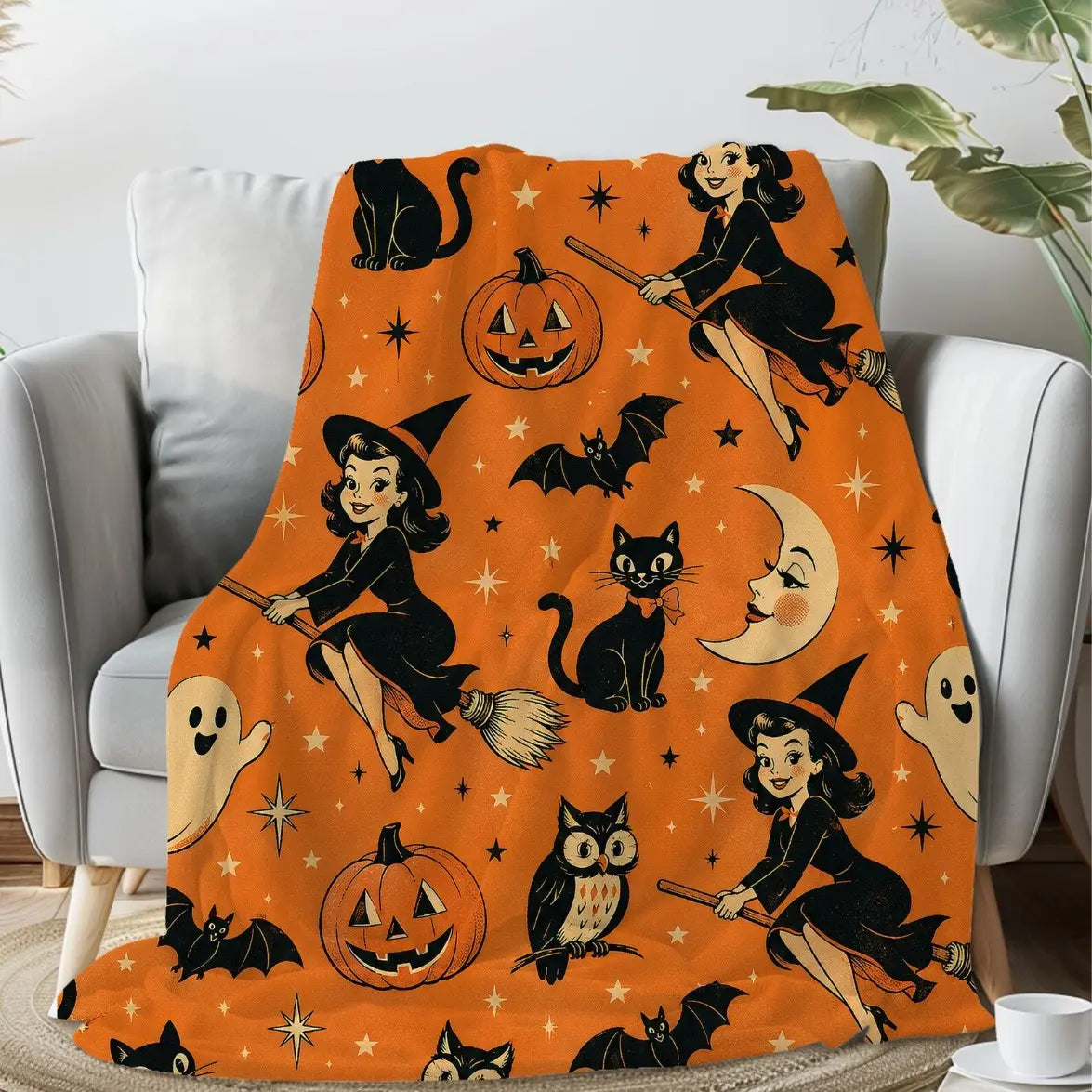 Halloween Witch Flannel Blanket, Retro 60s Flannel Throw Blanket, Soft Cozy Plush for Bed Sofa, Spooky Fall Room Decor, Christmas Gift - View 5