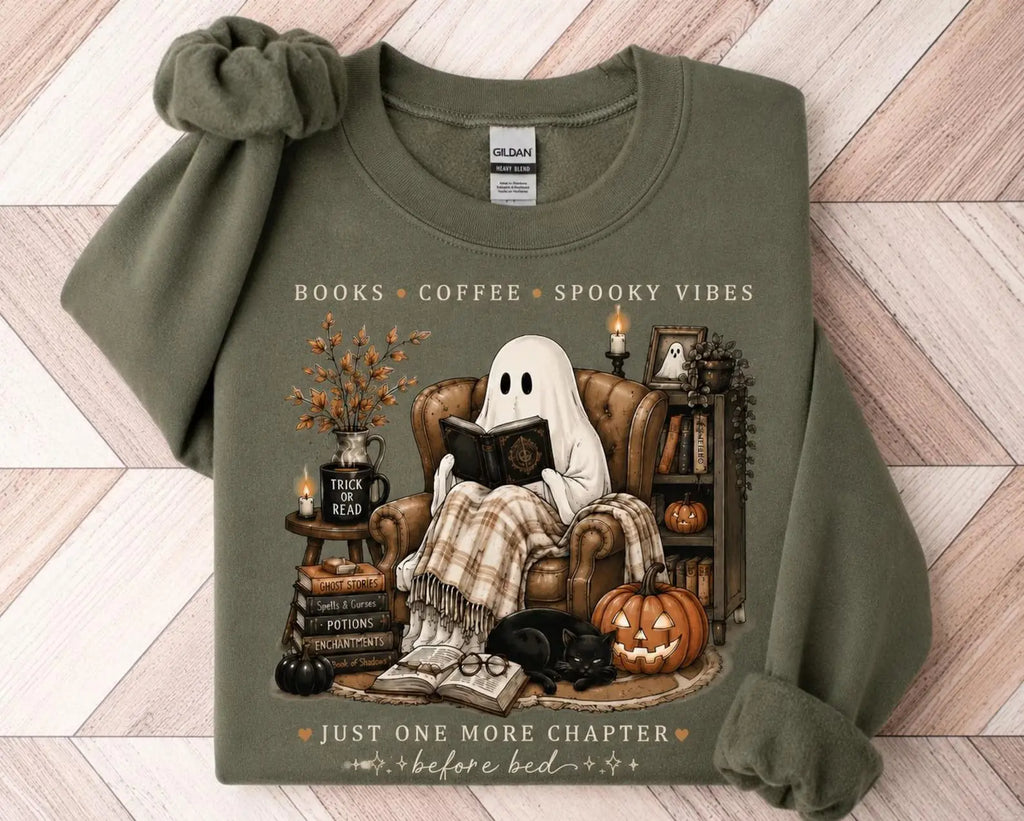 Cozy Ghost Reading T-Shirt or Sweatshirt with Books & Coffee