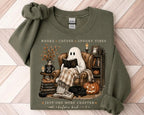 Cozy Ghost Reading T-Shirt or Sweatshirt with Books & Coffee