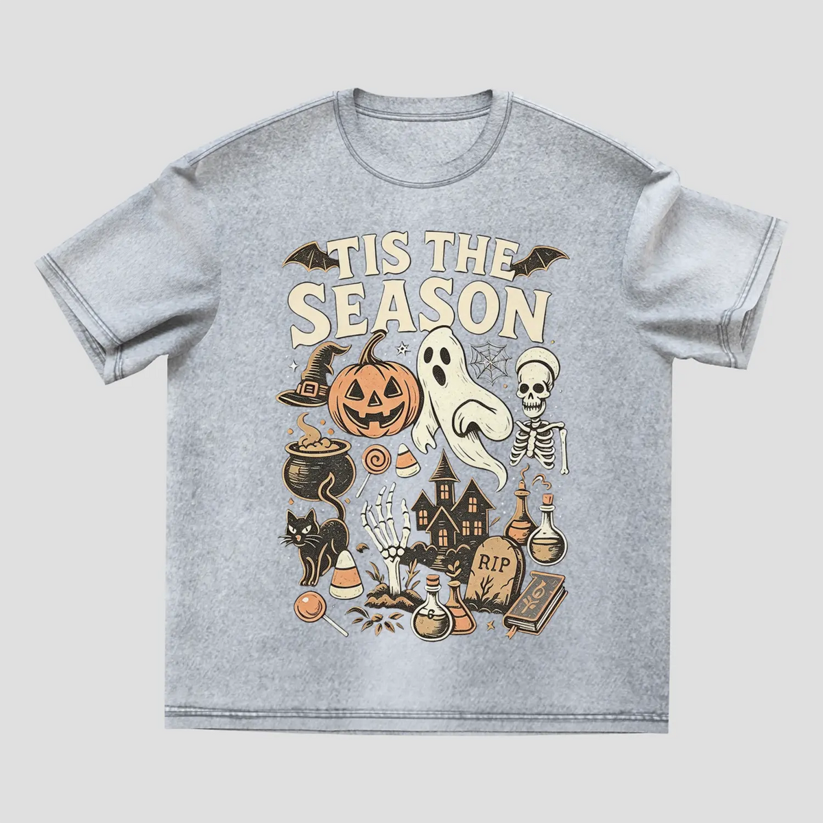 Comfort Colors Halloween Shirt for Women - Vintage Skeleton Pumpkin Ghost Tee