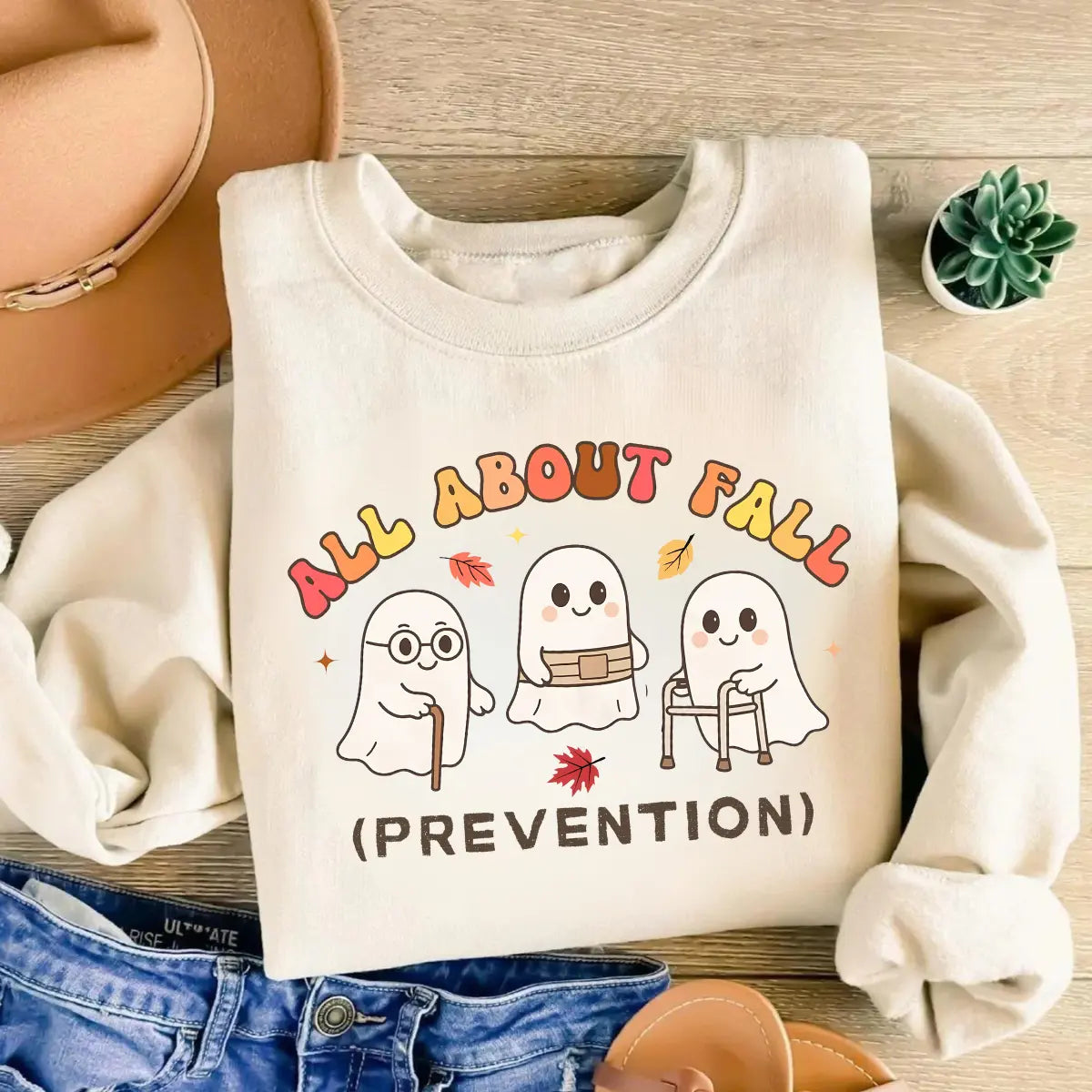 All About Fall Prevention Ghost Sweatshirt or T-Shirt, Cute Halloween Nursing Sweater, Funny Ghost Fall Safety Shirt, Autumn Occupational Therapy Gift - View 1