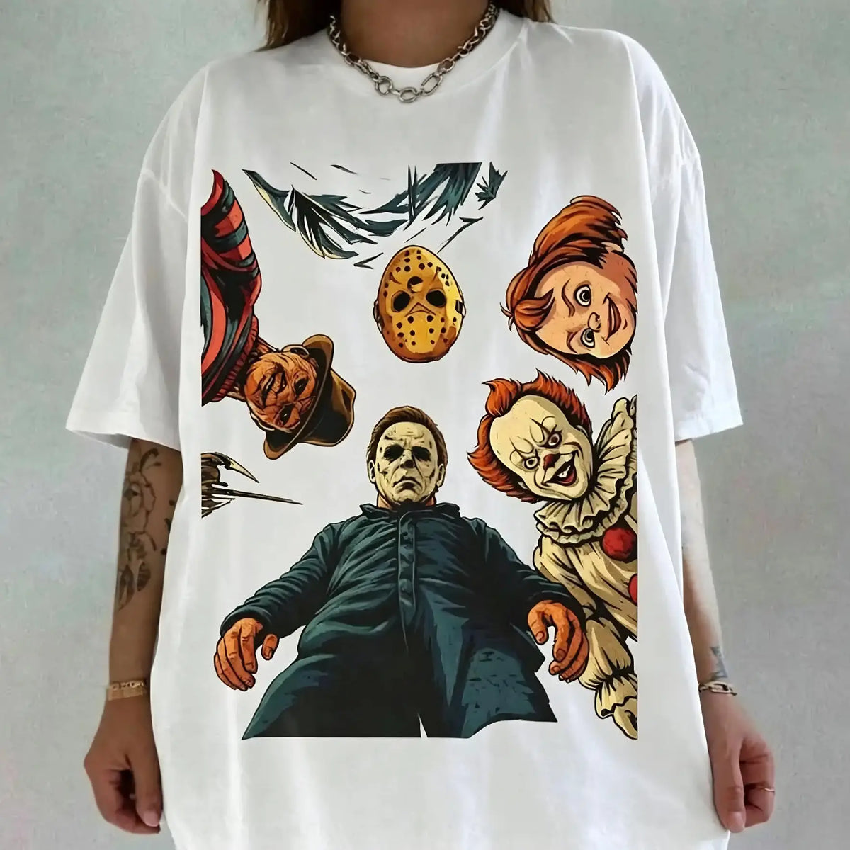 Men's Retro Halloween Characters Top - Lightweight Smooth Fabric T-Shirt, Vintage Horror Movie Graphic Tee, Spooky Season Slim Fit Shirt, Round Neck, Printed, Cotton, Halloween Ghost Pumpkin Print Men's Short-Sleeve T-Shirts