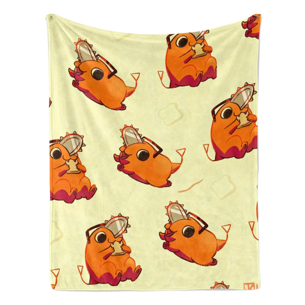 Chainsaw Man Pochita Cute Pattern Flannel Blanket Light Yellow with Adorable Pochita Eating Toast Repeated in Playful Design for Fans - View 8