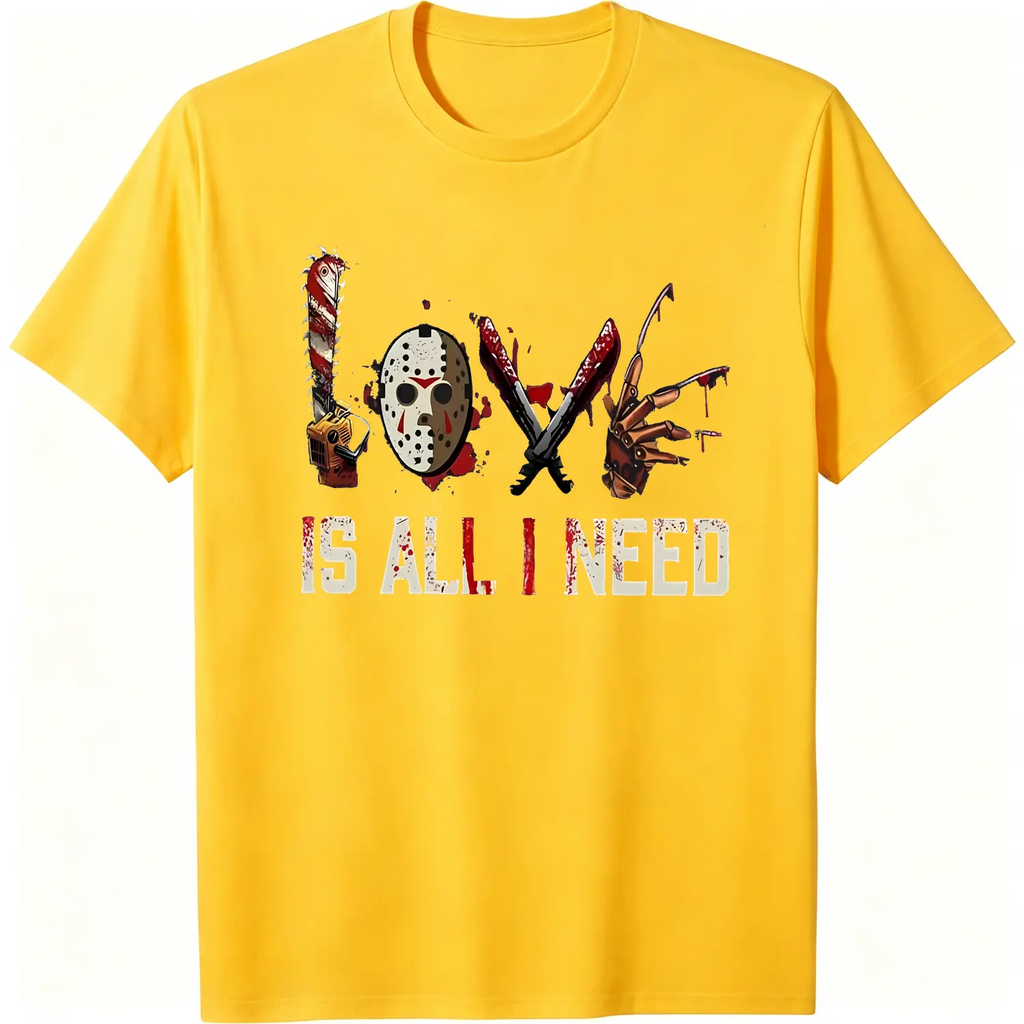 Women's Halloween Squad T-Shirt - Short-Sleeve Casual Horror Movie Graphic Top, Halloween Shirts for Women, "Love is All I Need" Novelty Scary Tee Crewneck Womenswear