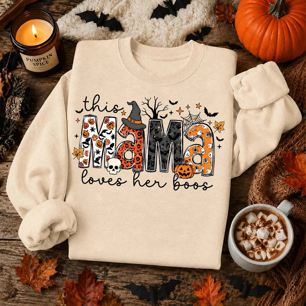 Women’s Halloween Mama Graphic Sweatshirt, Cute Pumpkin Bat & Witch Hat Crewneck Pullover, Cozy Long Sleeve Fall Top for Moms, Fun Spooky Season Shirt for Halloween Parties, Trick or Treat Nights, Weekend Wear & Autumn Gifts