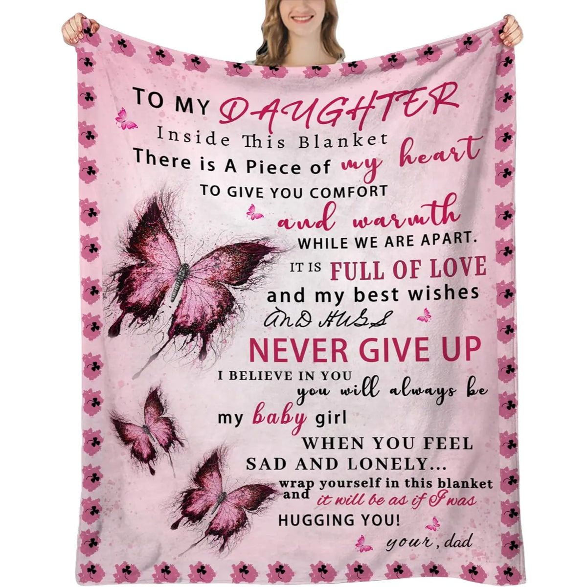 Mama&Papa Inspirational Blanket for Daughters&Son-the perfect graduation gift, birthday present, back-to-school gift, or Christmas present. Features pink butterfly embellishments and makes a lovely addition to your daughter’s bedroom. - View 32