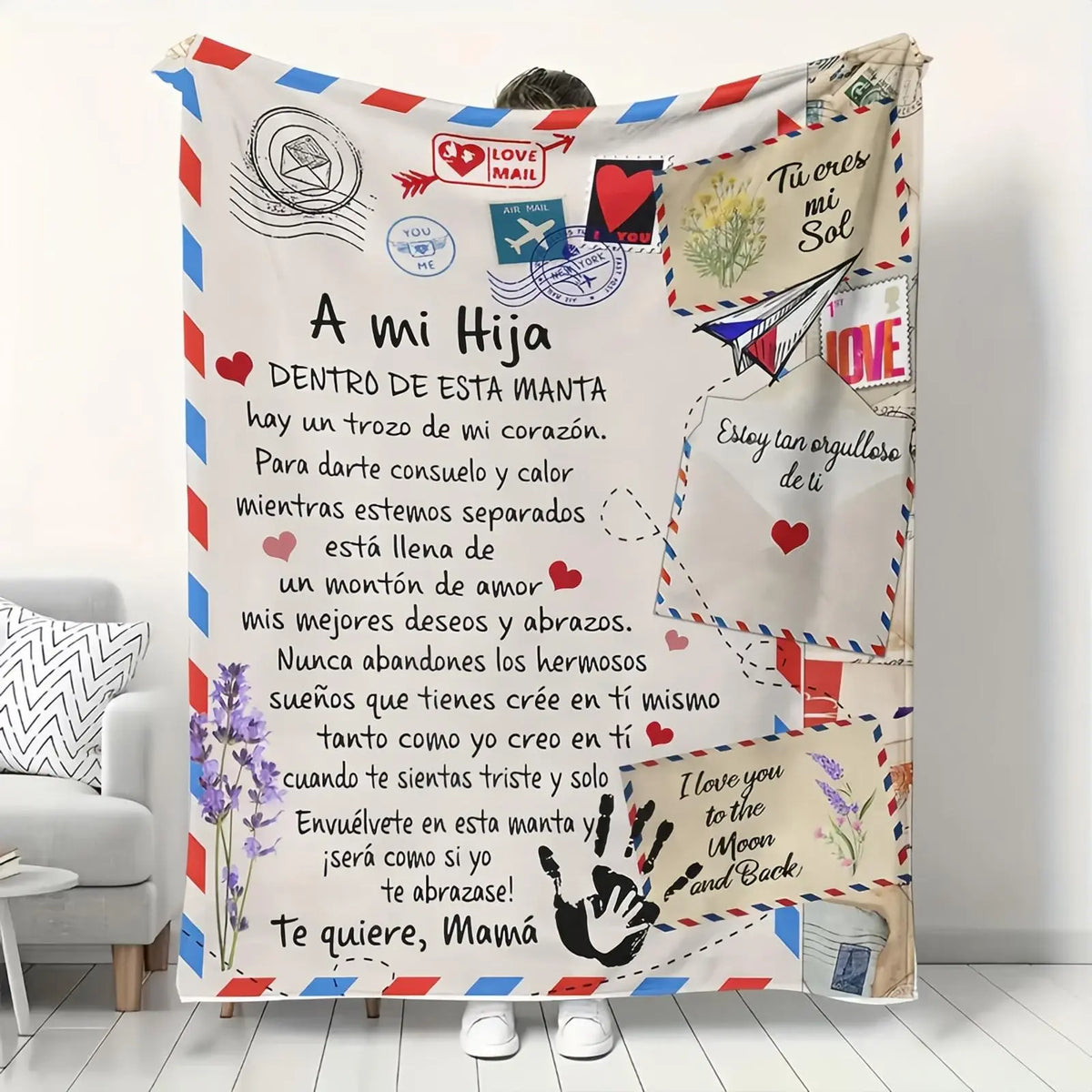 A Spanish letter: papa gives a blanket to his daughter, papa & mama give Birthday gift for son & daughter. A soft and comfortable flannel blanket, perfect for various occasions, a Valentine's Day gift.Easter Gifts for Kids