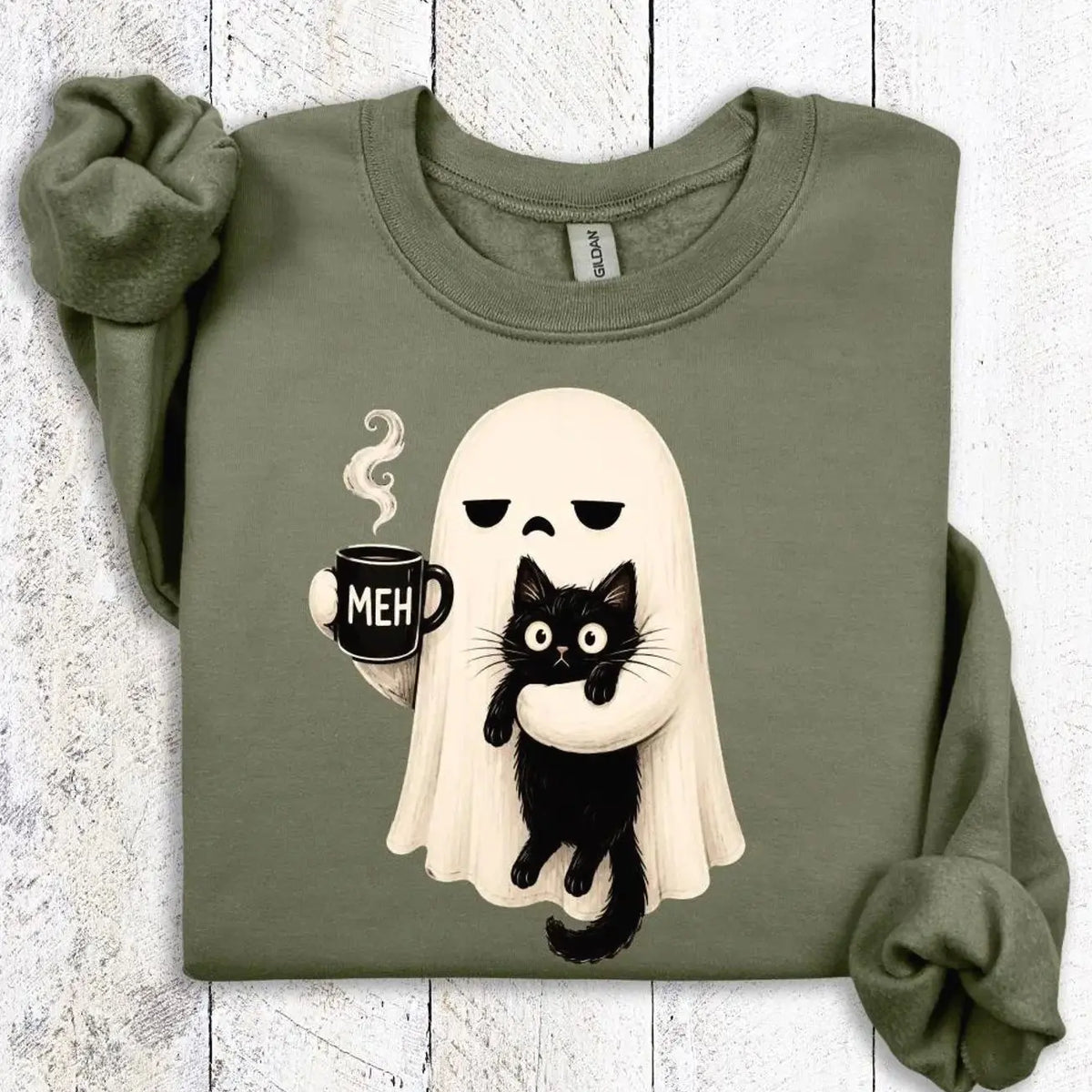 Ghost Holding Black Cat Sweatshirt - Spooky Halloween Graphic Crewneck