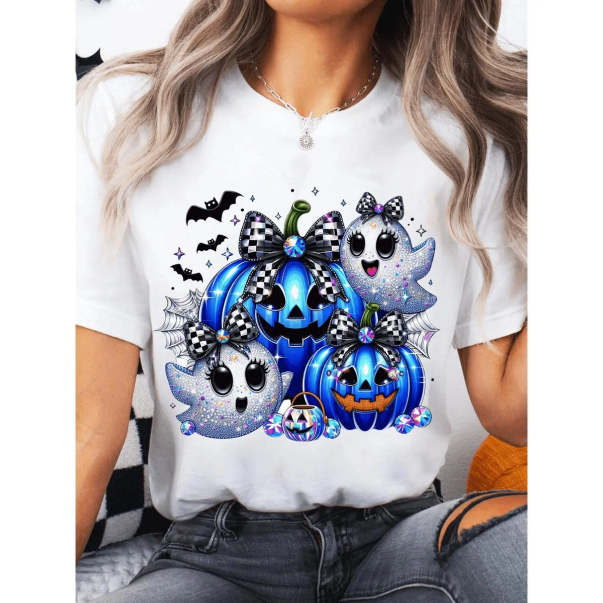 Women's Short-Sleeve Round Neck Print Sports Top - Spooky Cute Halloween Style, Soft Breathable, Ghost & Blue Pumpkin Graphic for Fall Daily Wear & Halloween Parties