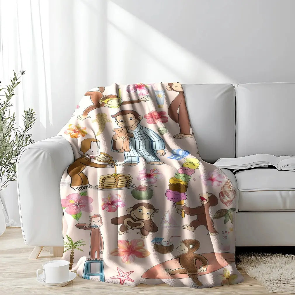 Curious George Classic Flannel Print Throw Blanket - Tropical & Pajama Collage, Beach Surf Adventure, Pancake Scene Designs, Lightweight, Fade Resistant, Soft Cozy, Machine Washable for Kids' Beds, Living Space Snuggle, Holiday Birthday Gift - View 2
