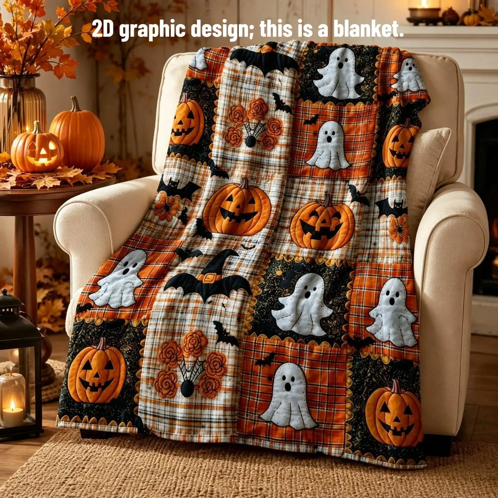 Countdown Sale Halloween Pumpkin Ghost Bat Plaid Patchwork Flannel Blanket Kids And Adults AC Blanket Soft Warm Cozy Throw Blanket Lightweight Sofa Bed Couch Bedroom Living Room Fall Autumn Home Decor Gift Viral Halloween Blanket - View 2