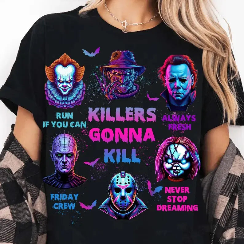 Halloween Horror T-shirt, Spooky Neon T-shirt, Horror Characters Halloween Gift, Horror Movie T-shirt, Spooky Season Shirt