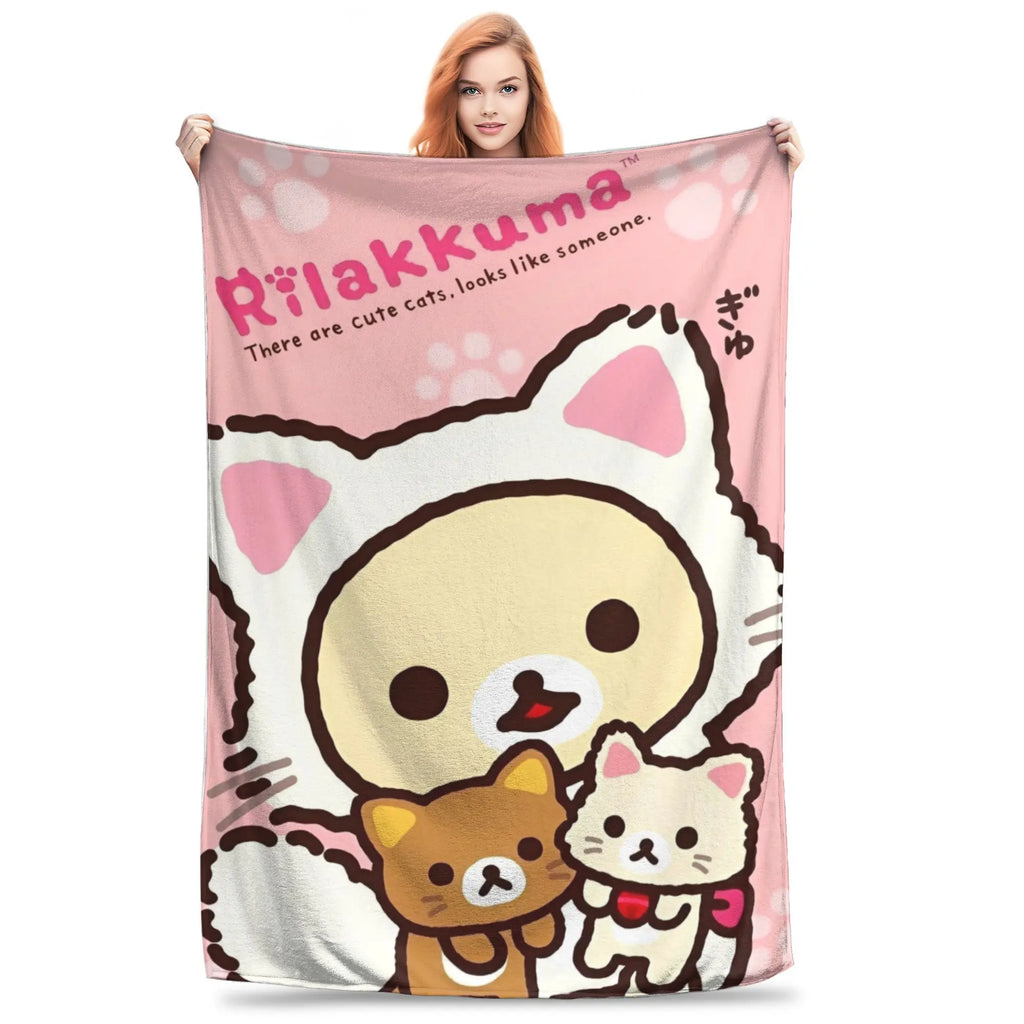 Kawaii Rilakkuma Knitted Flannel Throw Blanket - Figure Print Bed Accessories, Cutecore Stuff, Cozy Girly Room Stuff, Teen Room Decor, Soft Warm Summer AC Use, Home Goods Gift for Girls - View 21
