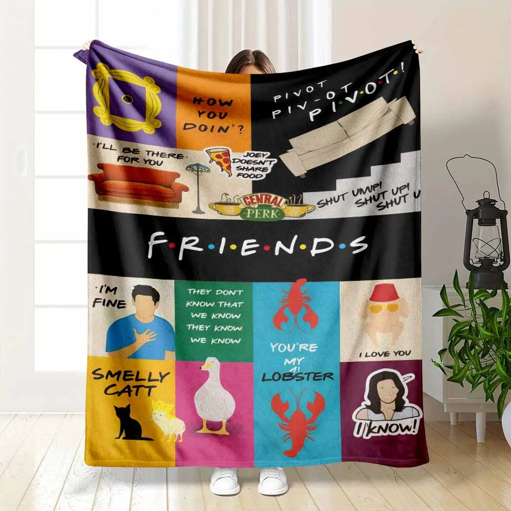Friends TV Show Flannel Fabric Blanket - Soft, Warm, Fuzzy, Lightweight, Wrinkle Resistant, Anti-Pilling Throw with "You're My Lobster", Smelly Cat, Pivot Quotes & Central Perk Prints, 90s Sitcom Aesthetic, Indoor/Outdoor, Sofa Use, Best Friend Gift, Mult - View 1