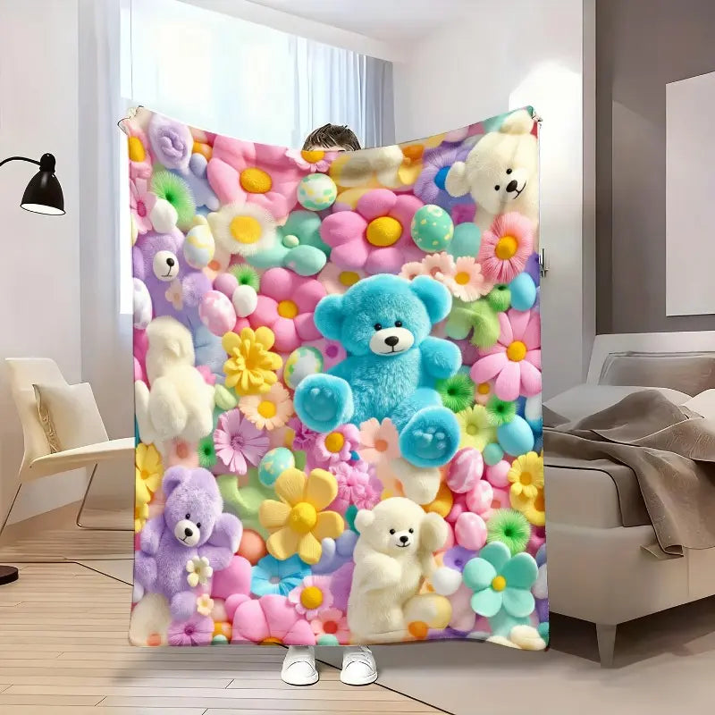 2D Teddy Pastel Floral Print Throw Blanket - Kawaii Plush Super Soft Cozy Aesthetic Throw for Bedroom Room Decor, Whimsical Home Decor Item, Cool Gift for Kids - View 2