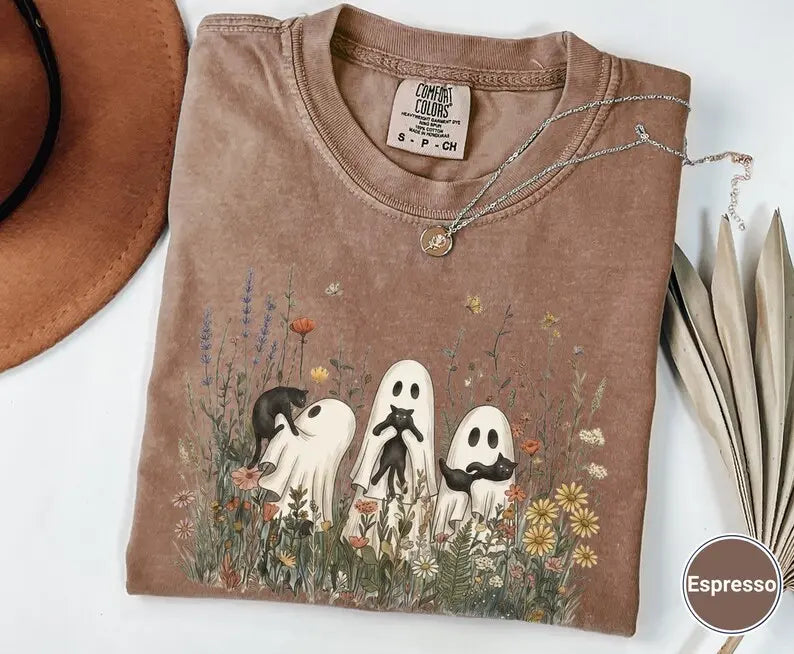 Ghost Cat Cottagecore T-Shirt, Cotton Tee