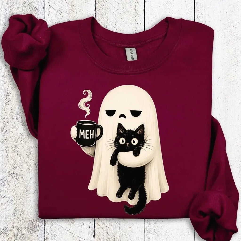 Ghost Holding Black Cat Sweatshirt, Meh Coffee Ghost Halloween Sweatshirt, Funny Spooky Cat Hoodie, Cute Halloween Graphic Tee, Fall Autumn Spooky Season Outfit, Halloween Party Apparel, Gift for Women & Men - View 3