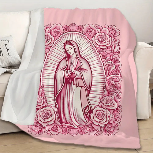 1 Piece Cozy Pink Virgin Mary Blanket-Super Soft Velvet with Floral Pattern, Perfect Gift for Mom, Grandma, Birthday and Valentine's Day, Perfect for Sofa, Bed, Travel and Living Room, multifunctional Blanket | Floral Blanket |   Plush Texture,Meditation