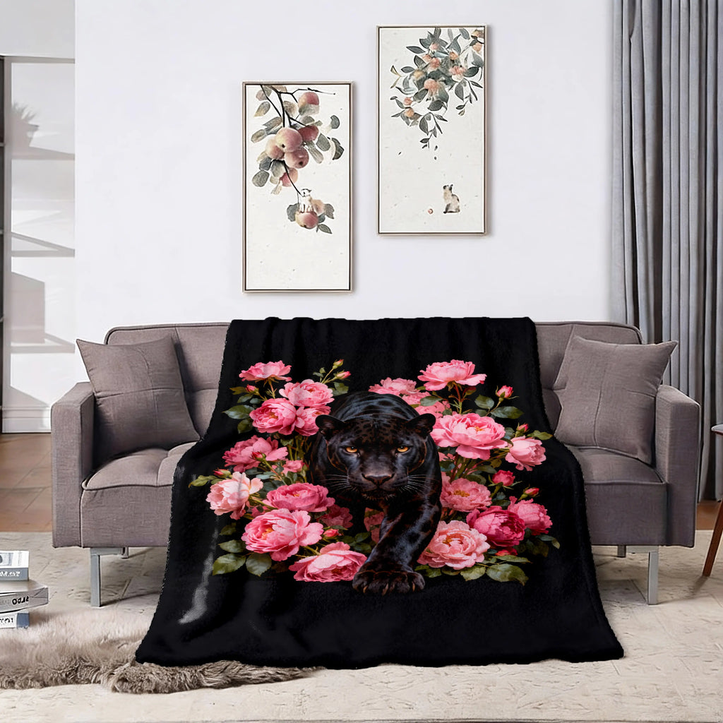 Black Panther & Pink Peony Artistic Flannel Fleece Throw Blanket - Ultra Soft, HD Print Floral Animal Design, Non-Shedding, Warm, Lightweight, Cozy for Sofa, Bed or Reading Nook, Home Decor Unique Gift, Cozy Throw Blanket - View 3