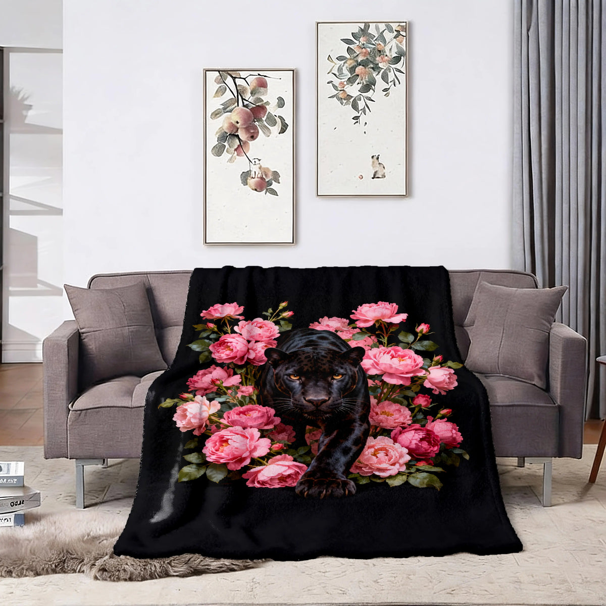 Black Panther & Pink Peony Artistic Flannel Fleece Throw Blanket - Ultra Soft, HD Print Floral Animal Design, Non-Shedding, Warm, Lightweight, Cozy for Sofa, Bed or Reading Nook, Home Decor Unique Gift, Cozy Throw Blanket - View 3