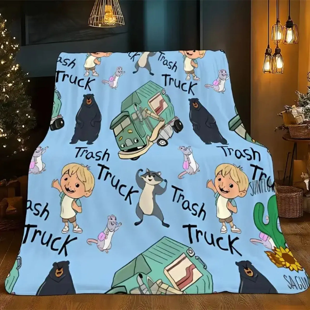 Trash Truck Cartoon Throw Blanket, Cute Boy Bear Raccoon Mouse Soft Cozy Plush Bed Blanket, Lightweight Warm Blankets for Kids Bedroom Decor, Couch Sofa Living Room, Birthday Gifts for Fans - View 4