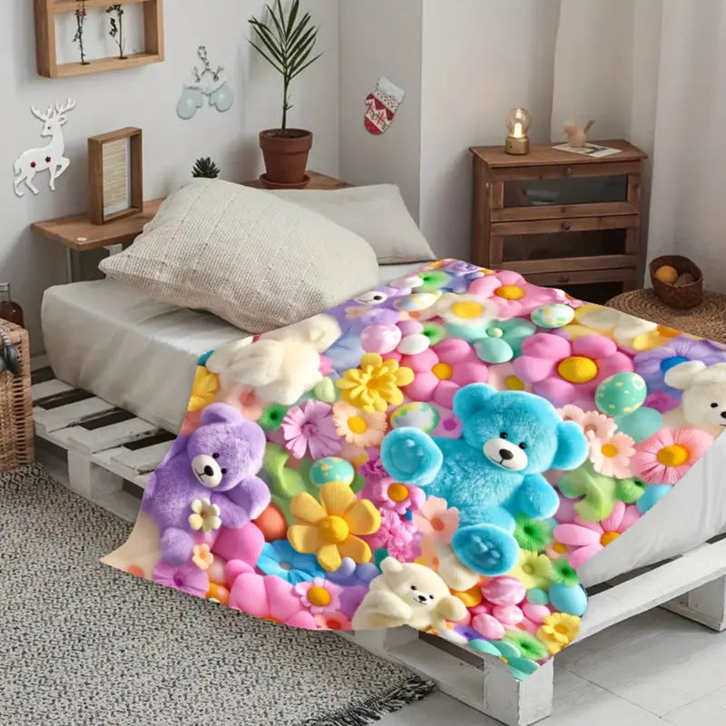 2D Teddy Pastel Floral Print Throw Blanket - Kawaii Plush Super Soft Cozy Aesthetic Throw for Bedroom Room Decor, Whimsical Home Decor Item, Cool Gift for Kids - View 6