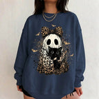 Leopard Ghost Cat Halloween Sweatshirt, Cute Spooky Black Cat Graphic Shirt, Coquette Bow Ghost Fall Outfit