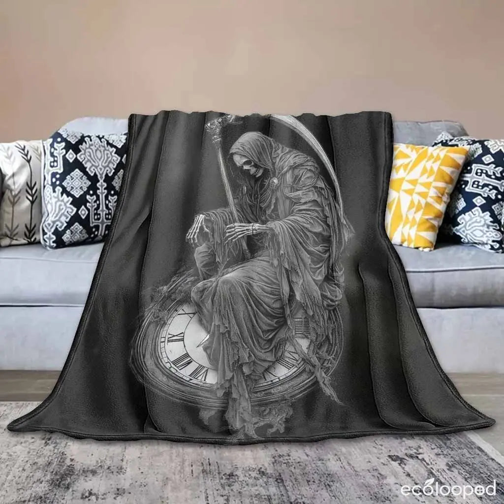 Grim Reaper Flannel Throw Blanket - Soft, Gentle on Skin, Death & Time Clock Print, Lightweight, Anti-Pilling, Wrinkle Resistant, Gothic Home Decor, Halloween Gift for Dark Fantasy Lovers, Cozy Warm Bedding Blanket - View 4