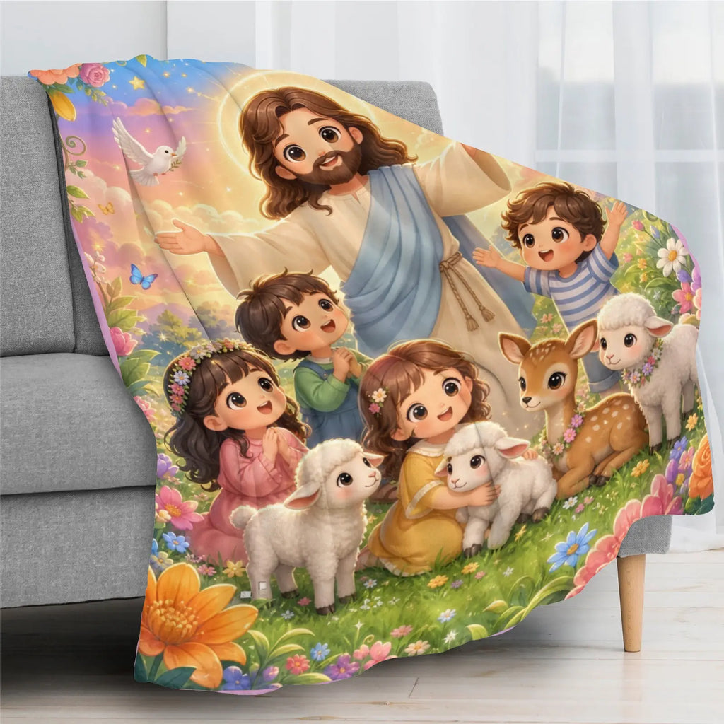Jesus Cartoon Lamb Blanket - Soft Flannel Throw, Warm Cozy Lightweight Blanket for Sofa, Bed, Travel, Office, Birthday & Holiday Gift - View 3