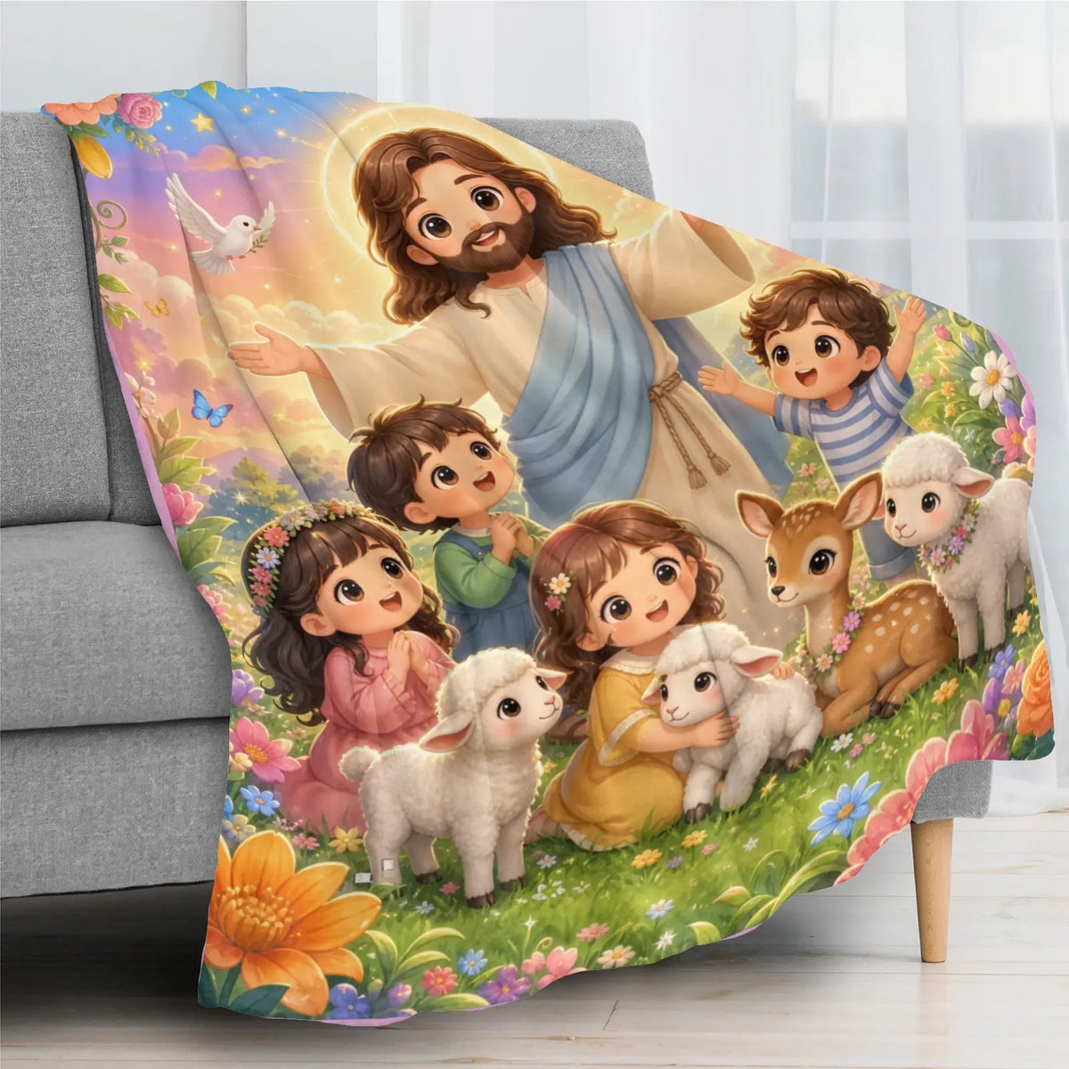 Jesus Cartoon Lamb Blanket - Soft Flannel Throw, Warm Cozy Lightweight Blanket for Sofa, Bed, Travel, Office, Birthday & Holiday Gift - View 3