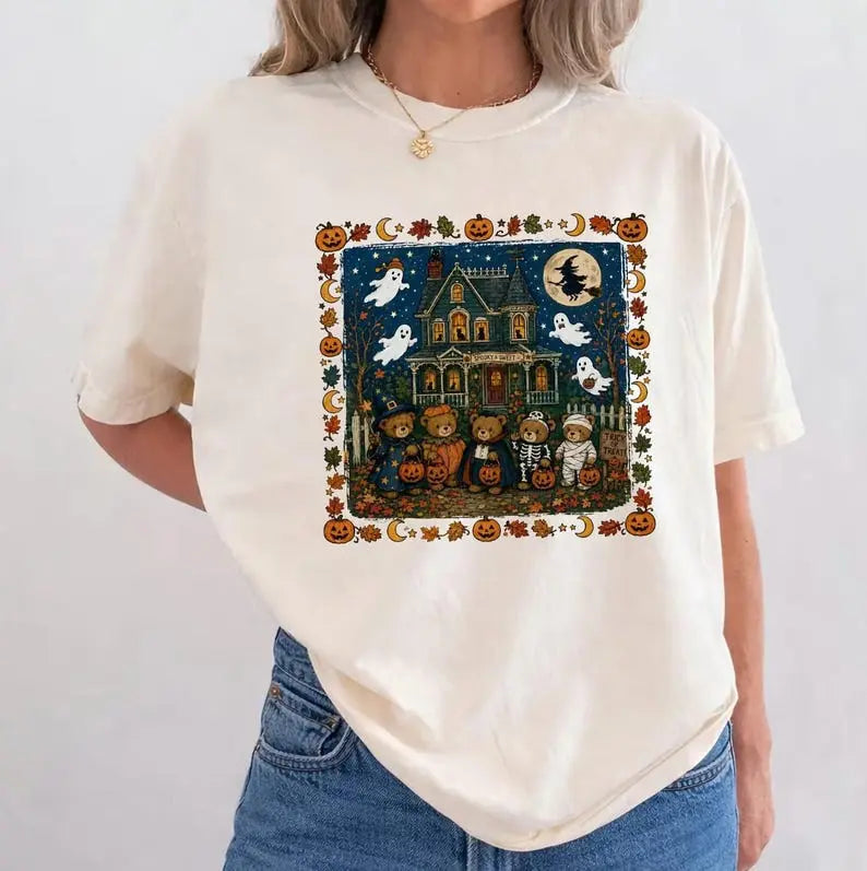Comfort Colors 90s Bears Halloween Shirt, Trick or Treat Tee, Haunted House Graphic T-Shirt, Pumpkin Lover Spooky Season Gift - View 2