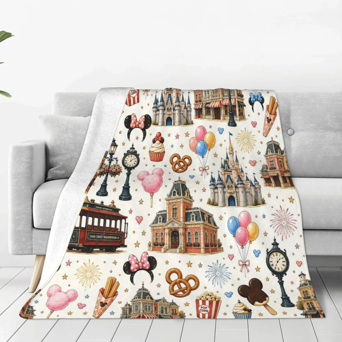 DISNEY CLASSIC [2026 New] Magic Park Main Street Flannel Throw Blanket,All-Over Print Castle Trolley Balloons Park Snacks Clock Lamp Post Fireworks Pastel Cute Cozy Fleece Blanket for Fan Gift - View 2