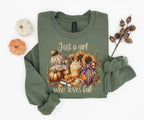 Just a Girl Who Loves Fall Gildan Sweatshirt or T-Shirt , Cozy Pumpkin Autumn Graphic Tee, Fall Season Sweatshirt, Cute Fall Gift