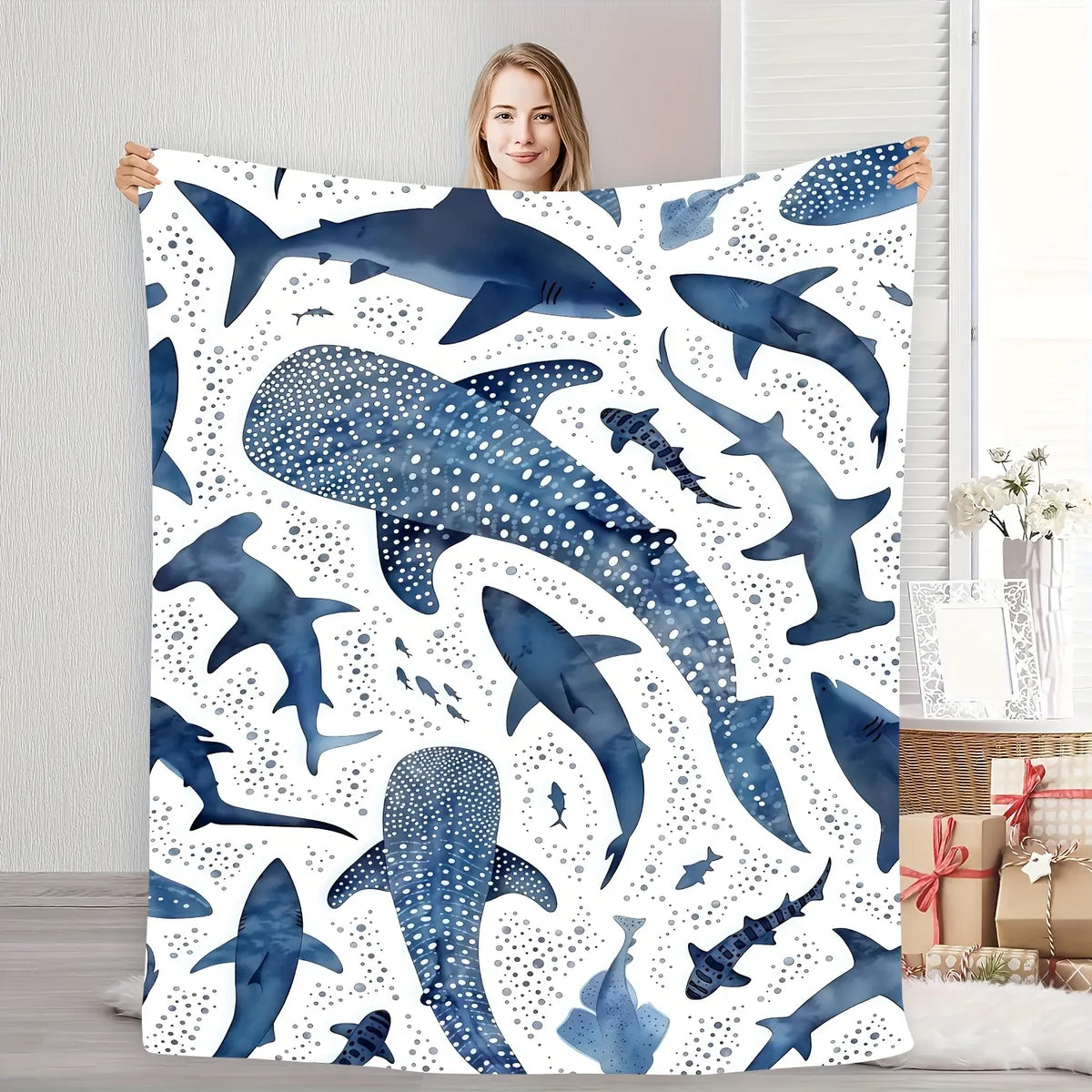 Romantic ocean style whale shark pattern warm blanket children adult nap blanket soft and comfortable suitable for all seasons - View 4