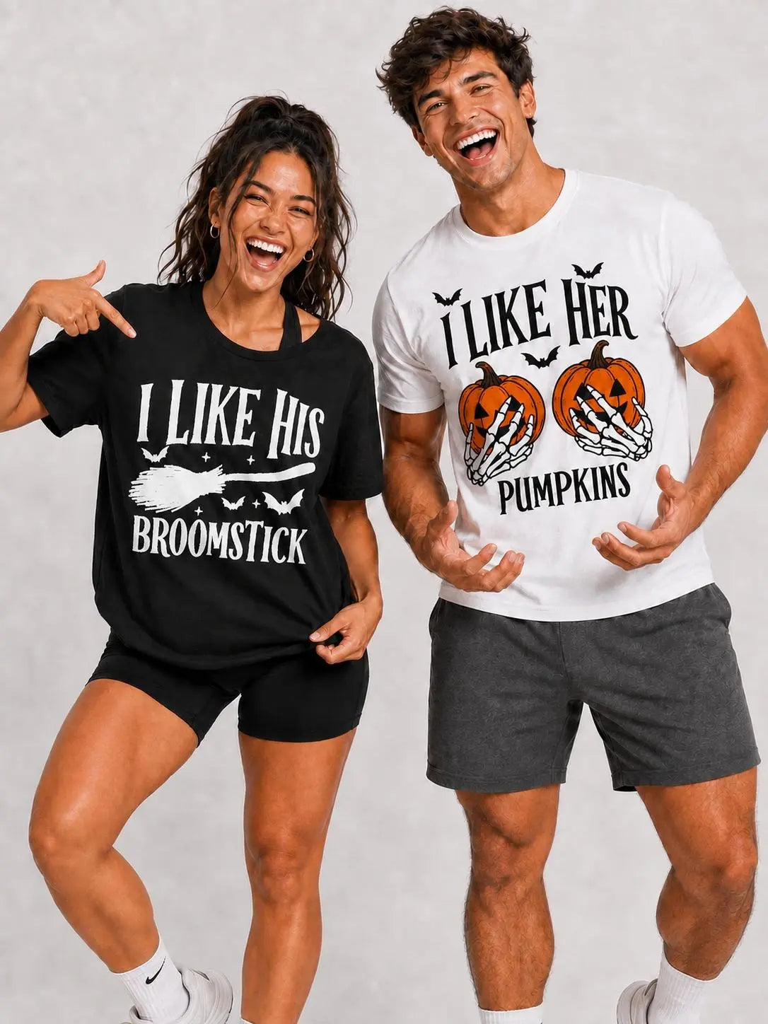 Men's Halloween Graphic Tees, Matching His Hers Funny Halloween Couple Costume Shirts, Pumpkin/Broom Design, 100% Cotton Classic Fit, Cold Wash Machine Washable