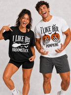 Men's Halloween Graphic Tees, Matching His Hers Funny Halloween Couple Costume Shirts, Pumpkin/Broom Design, 100% Cotton Classic Fit, Cold Wash Machine Washable - View 1