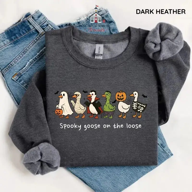 Spooky Goose on the Loose Sweatshirt, Funny Halloween Goose Graphic, Unisex Crewneck for Fall, Apparel Made In The US - Caps Apparel - View 4