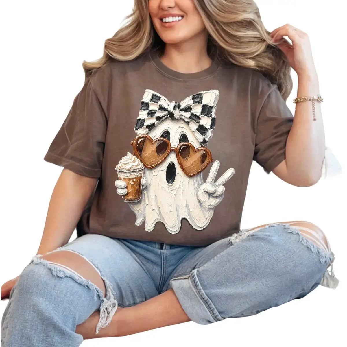 Coquette Ghost, Pumpkin Spice Ghost, Fall Coffee Ghost with Bow, Cute Halloween T-shirt