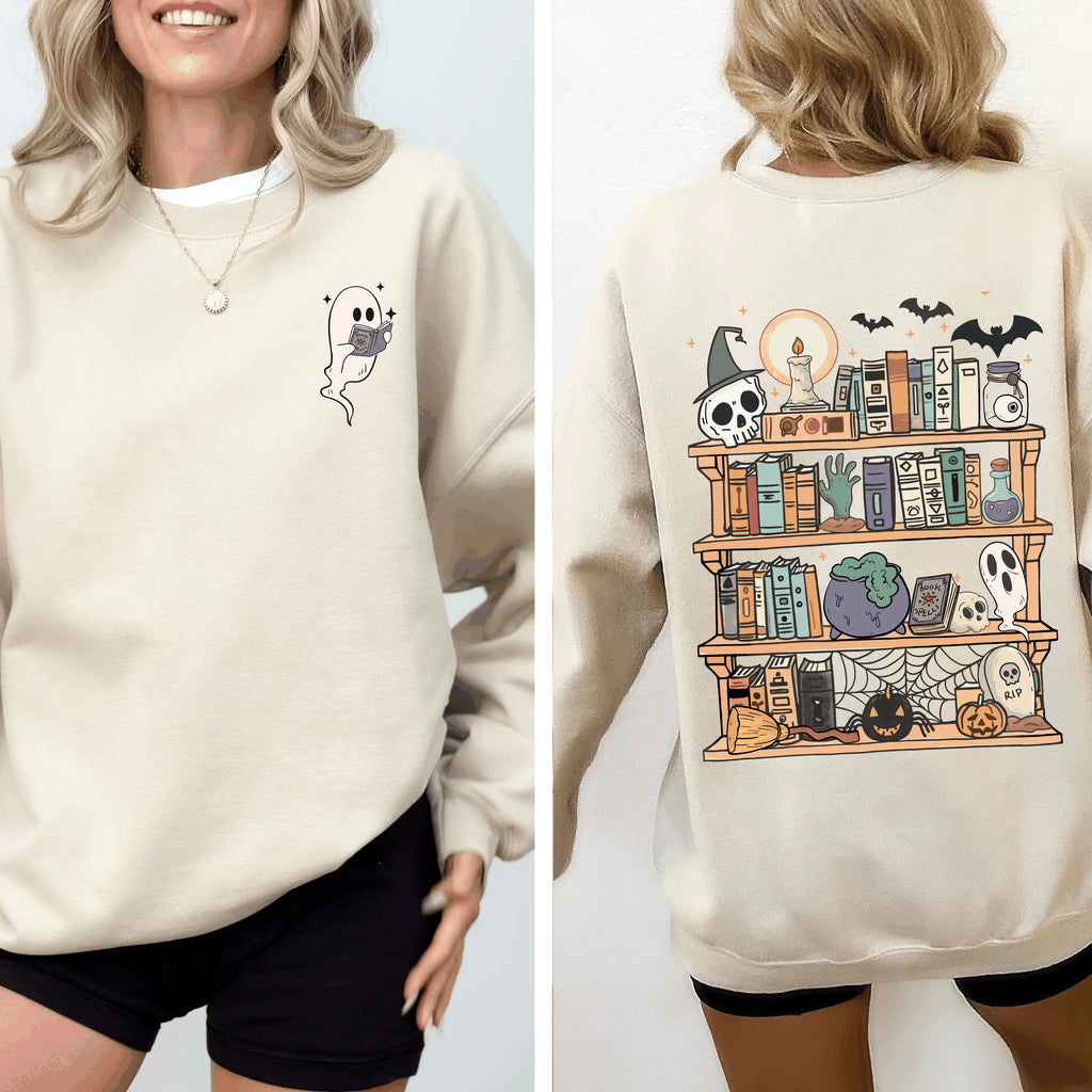 Reading Ghost, Halloween, Library, Spooky, Front and Back, Teacher, Boo, Cute Sweatshirt - View 3